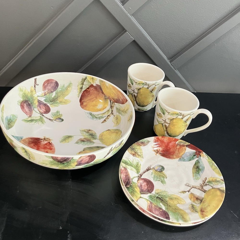 Pier 1 Imports Verona Fruit 4 Pc Set Serving Bowl Plate 2 Mugs Ironstone